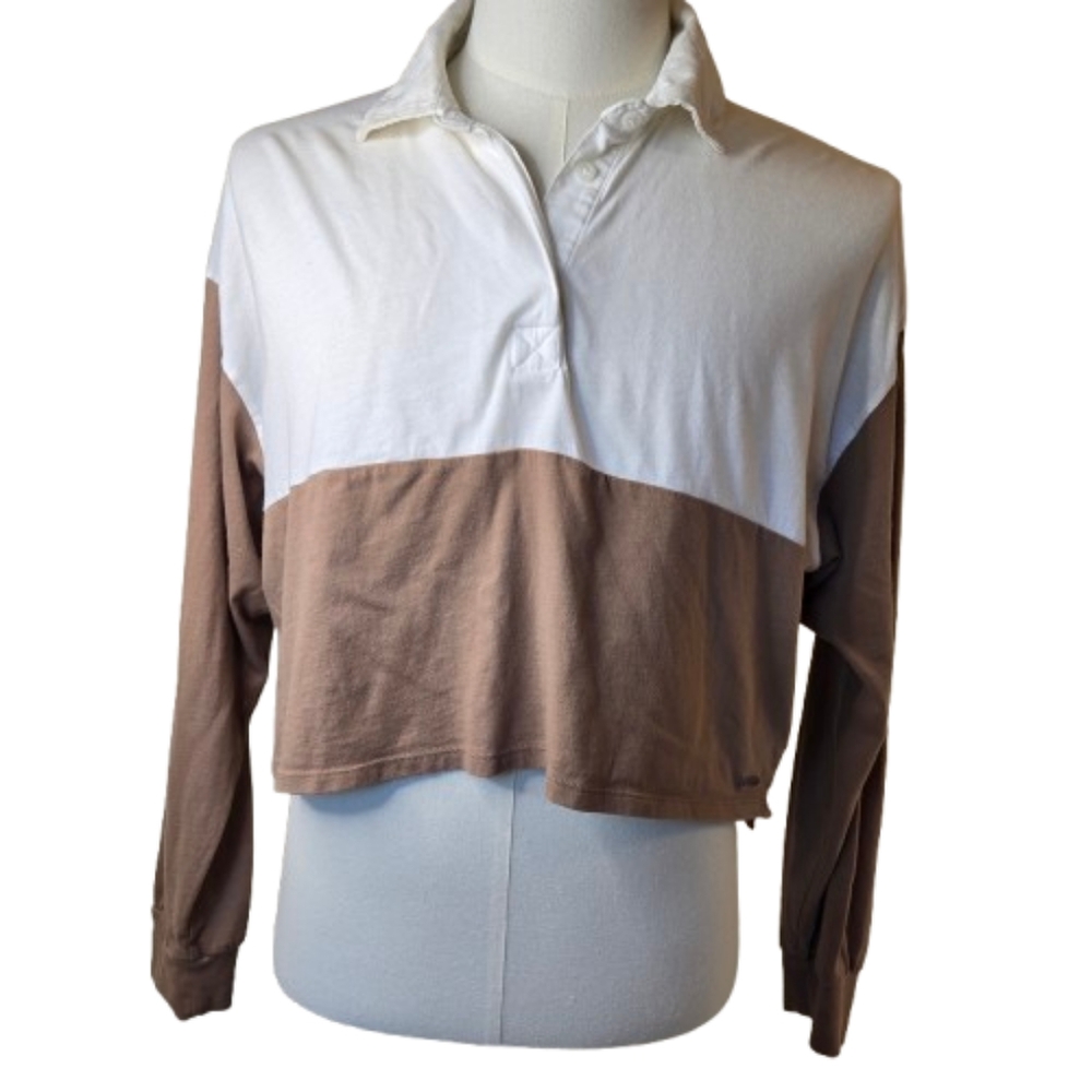 Hollister Cropped Color Block Top Size Large White and Brown